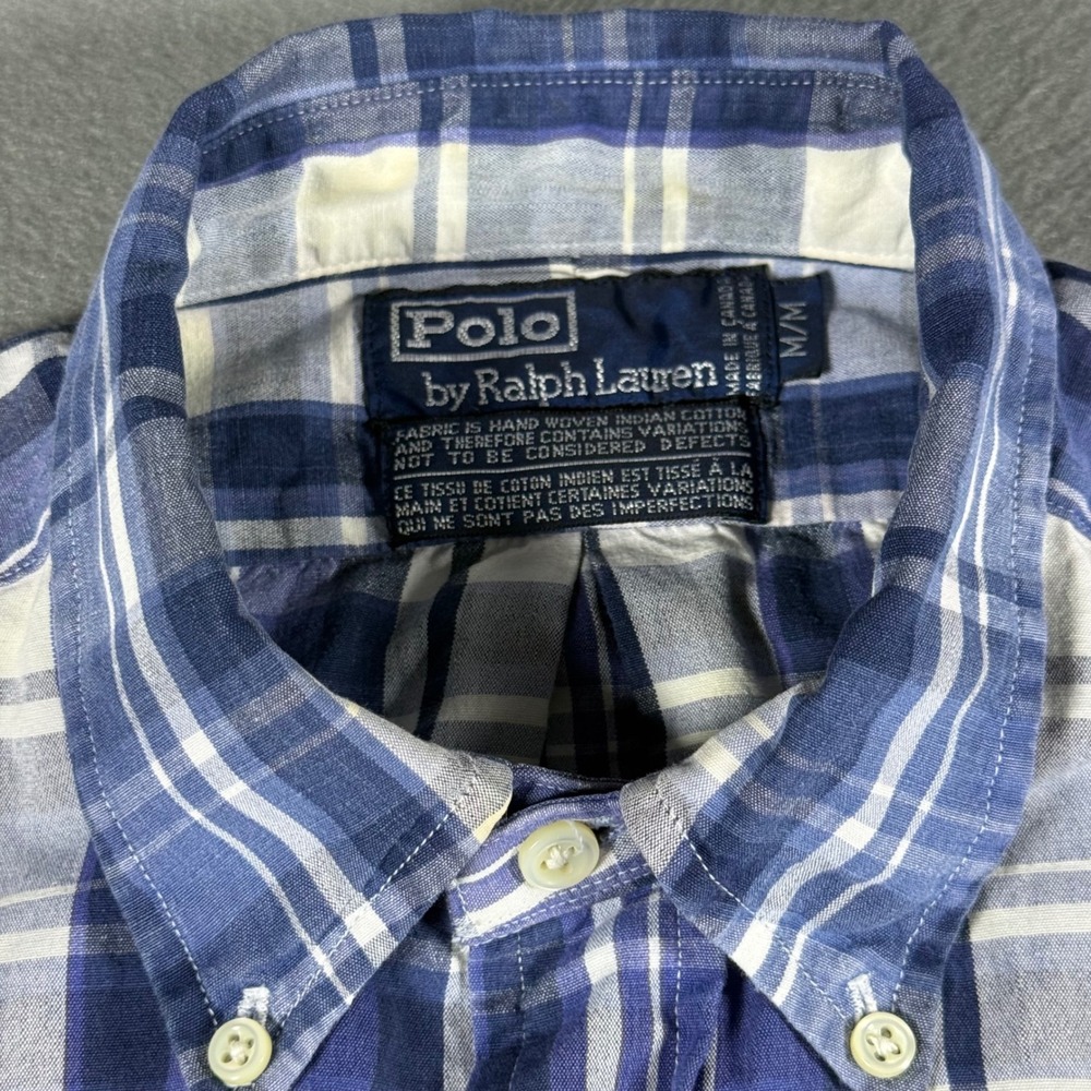 VTG Polo Ralph Lauren Hand Woven Medium Plaid Blue White Made in Canada - Picture 3 of 11